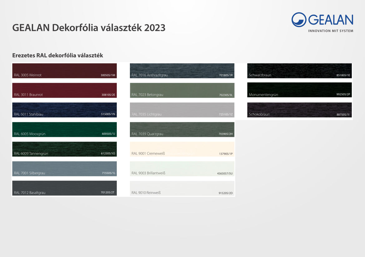 GEALAN dekorfólia 2023. erezetes, RAL színválaszték